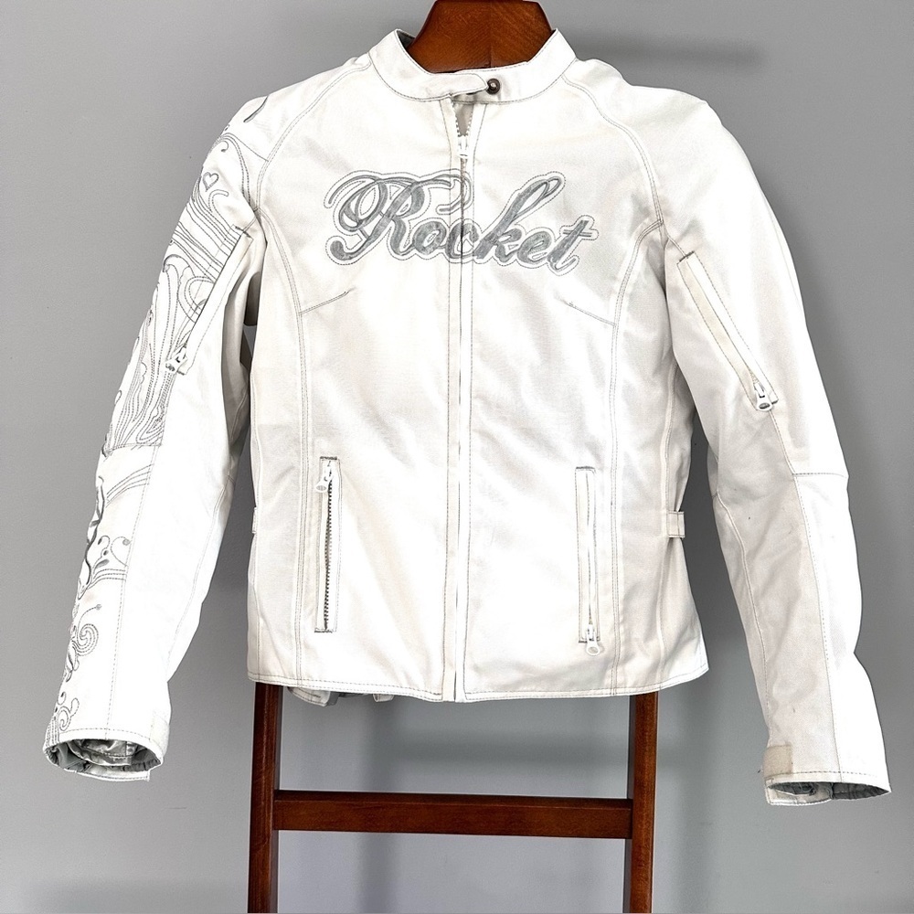 JOE ROCKET White Motorcycle Jacket, Silver Embroidered, Size S, EUC Motorbike